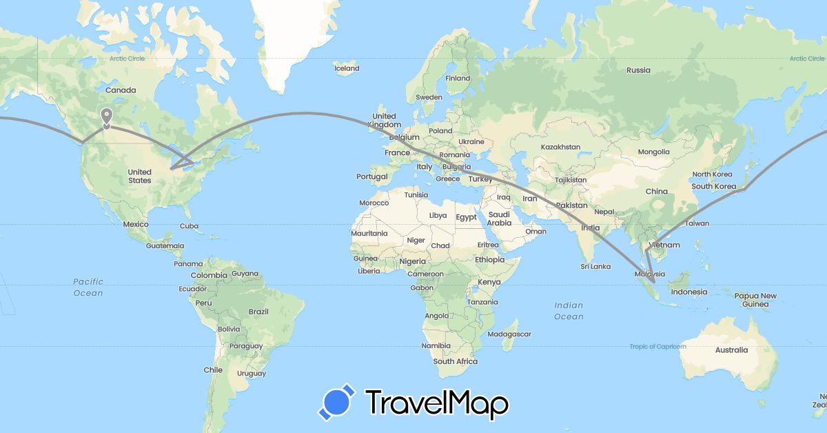 TravelMap itinerary: driving, plane in Canada, Switzerland, Japan, Singapore, Thailand, Turkey, United States (Asia, Europe, North America)